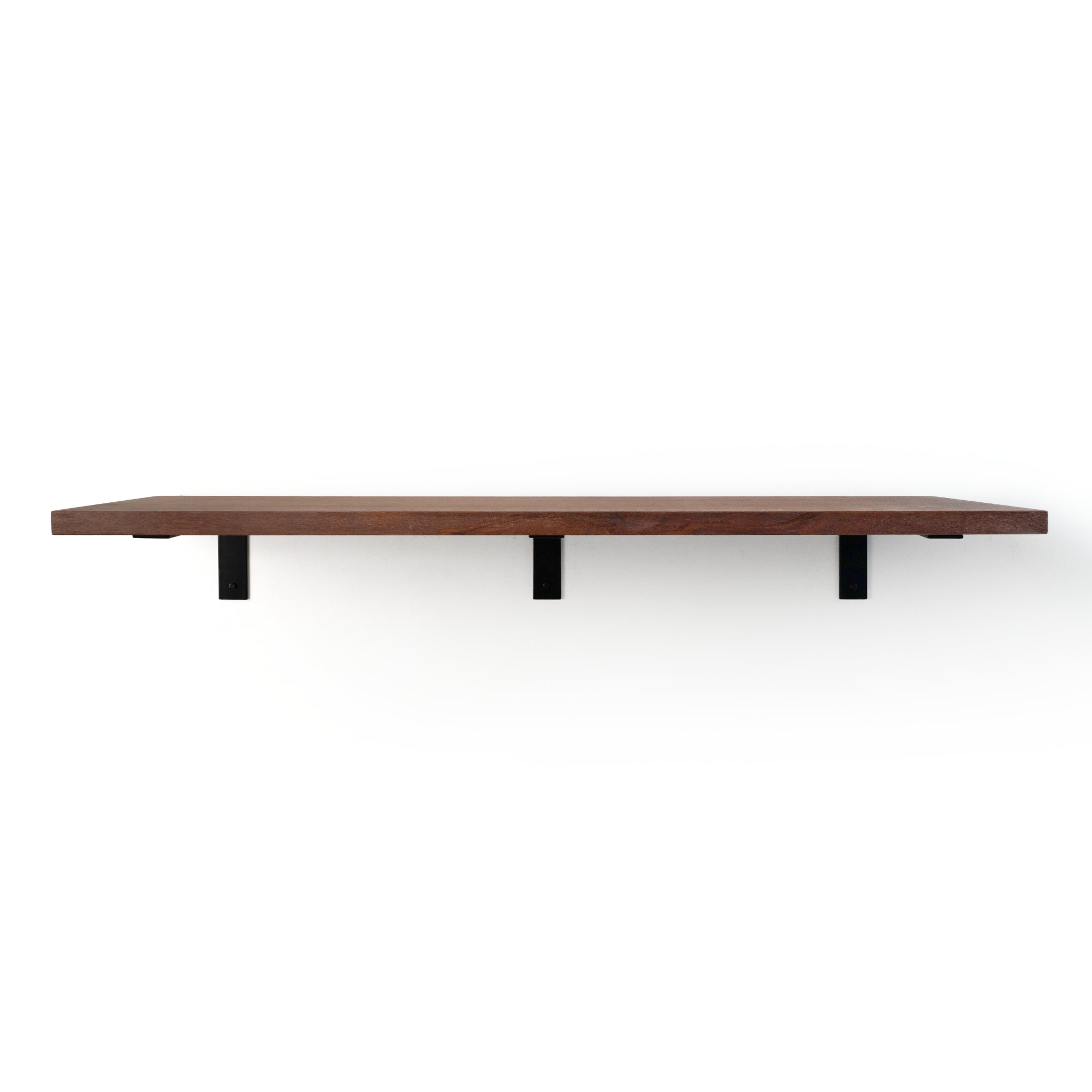 Mahogany shelf with steel black brackets on a white background